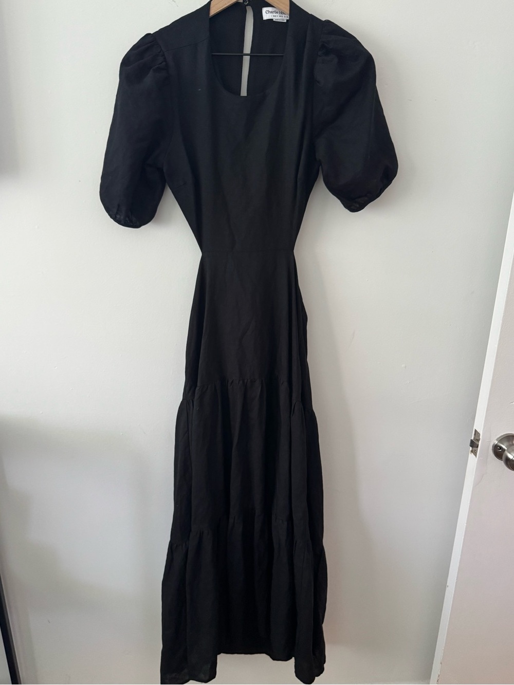 Charlie Holiday Flores Linen Blend Black Puff Sleeve Backless Tiered Maxi Size 4 - Picture 3 of 8